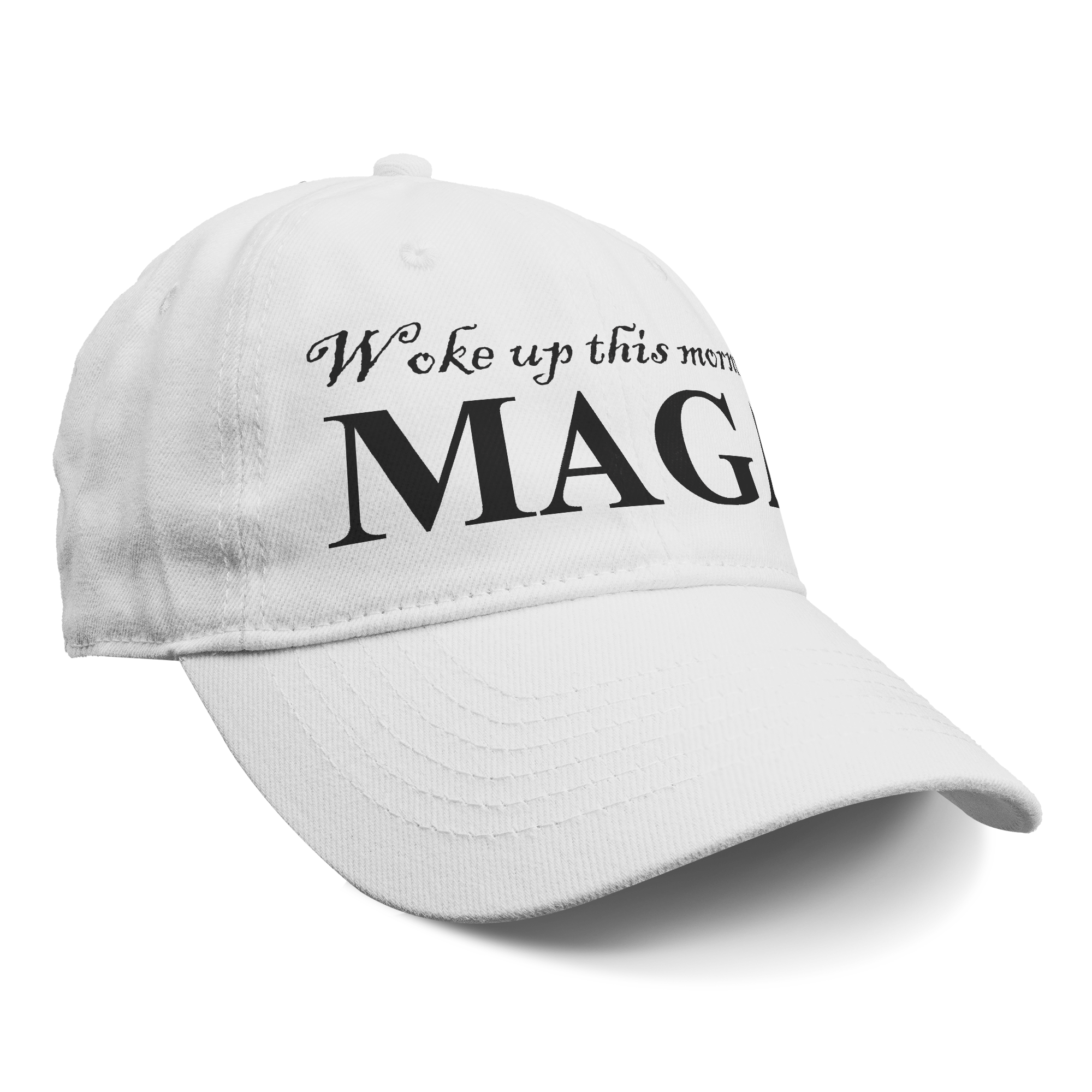 Woke Up This Morning Maga Blk Letters white cap with graphic design