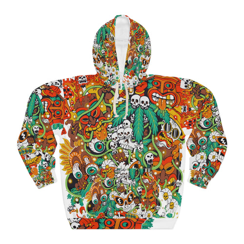 Colorful Day of the Dead Skull Hoodie featuring vibrant hand-drawn characters and sugar skulls.