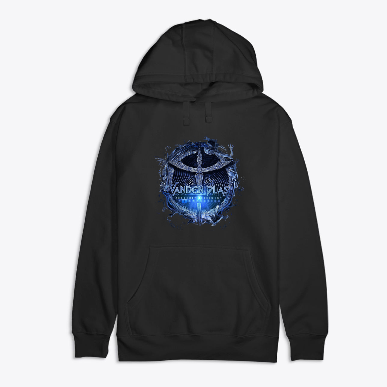 M2580 Premium Cotton Hoodie Art featuring a striking blue graphic design on a black background.