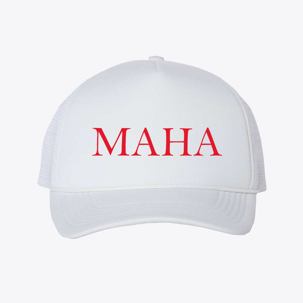 MAHA RED LETTERS Foam Mesh-Back Trucker Cap featuring a bold red 'MAHA' on a white background.