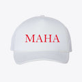 MAHA RED LETTERS Foam Mesh-Back Trucker Cap featuring a bold red 'MAHA' on a white background.