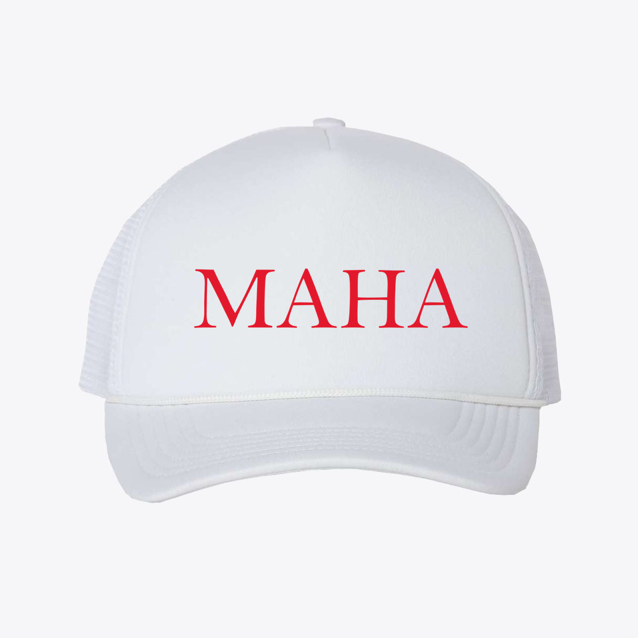 MAHA RED LETTERS Foam Mesh-Back Trucker Cap featuring a bold red 'MAHA' on a white background.