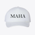 MAHA BLK LETTERS Foam Mesh-Back Trucker Cap with bold black lettering on a white background