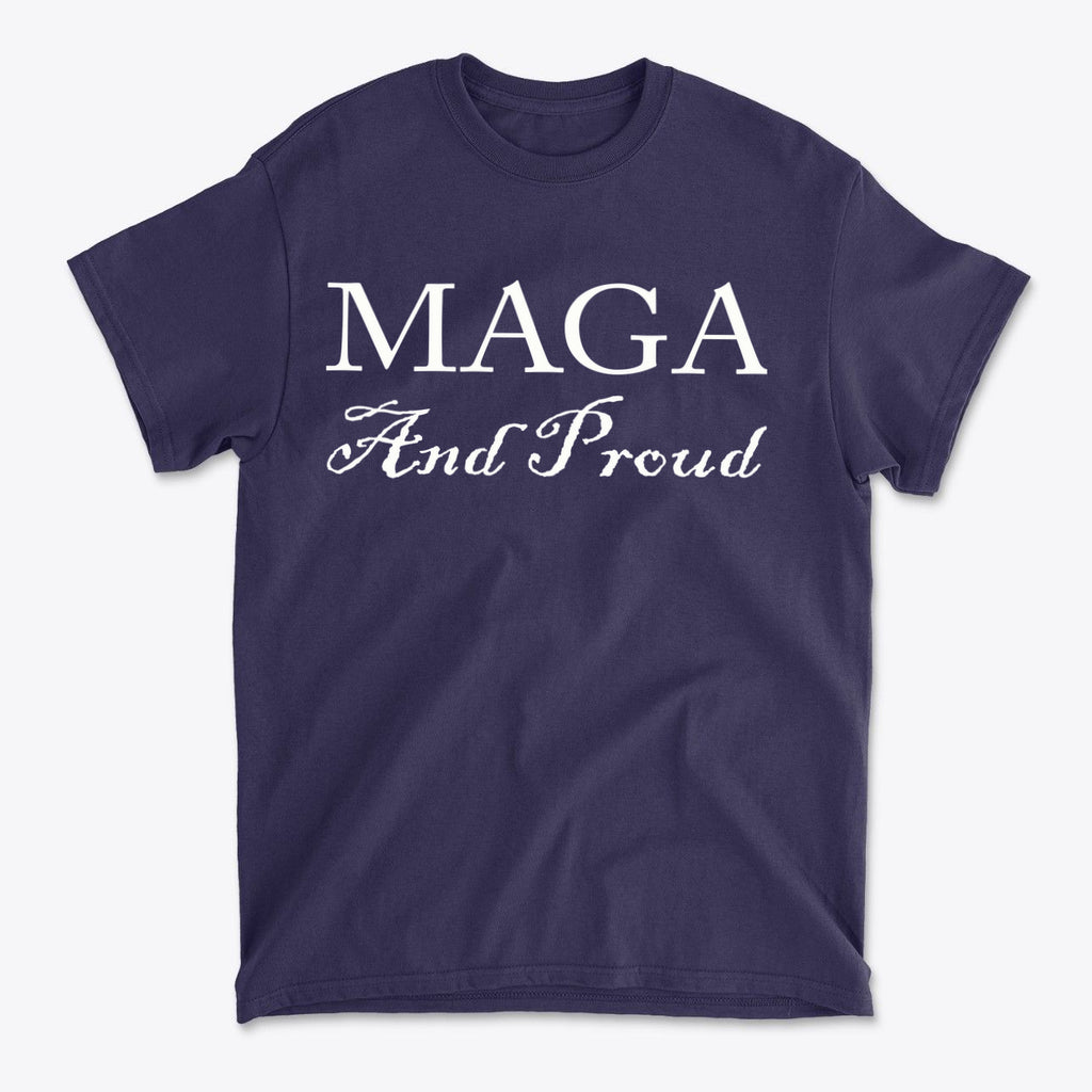 MAGA And Proud White Letters Style graphic tee in navy blue with bold lettering.