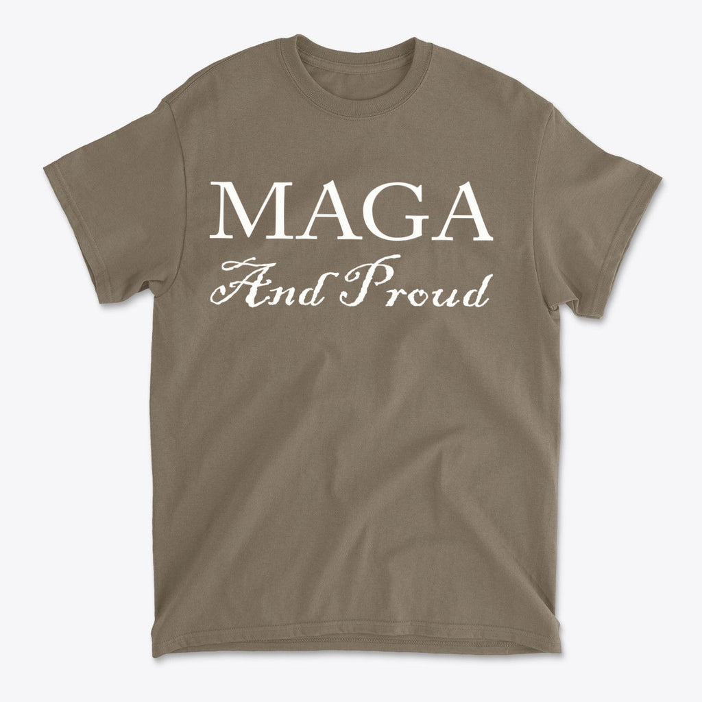 MAGA And Proud White Letters Style graphic tee showcasing bold white lettering on a casual brown shirt.