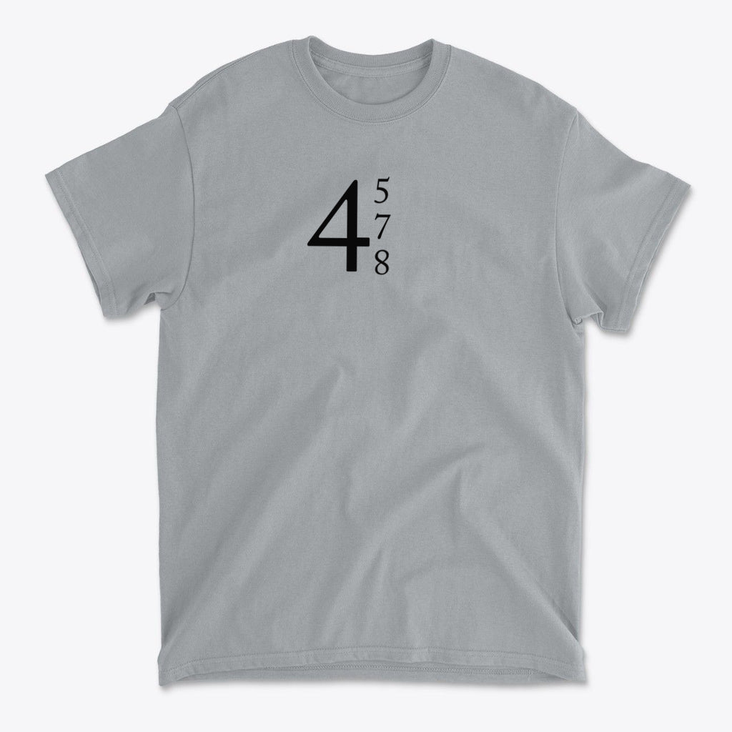 45 47 48 Red Letters Design Gear graphic tee in light gray, featuring bold black numbers 4, 5, 7, 8.
