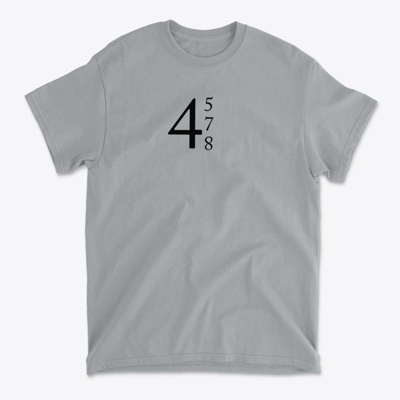 45 47 48 Red Letters Design Gear graphic tee in light gray, featuring bold black numbers 4, 5, 7, 8.