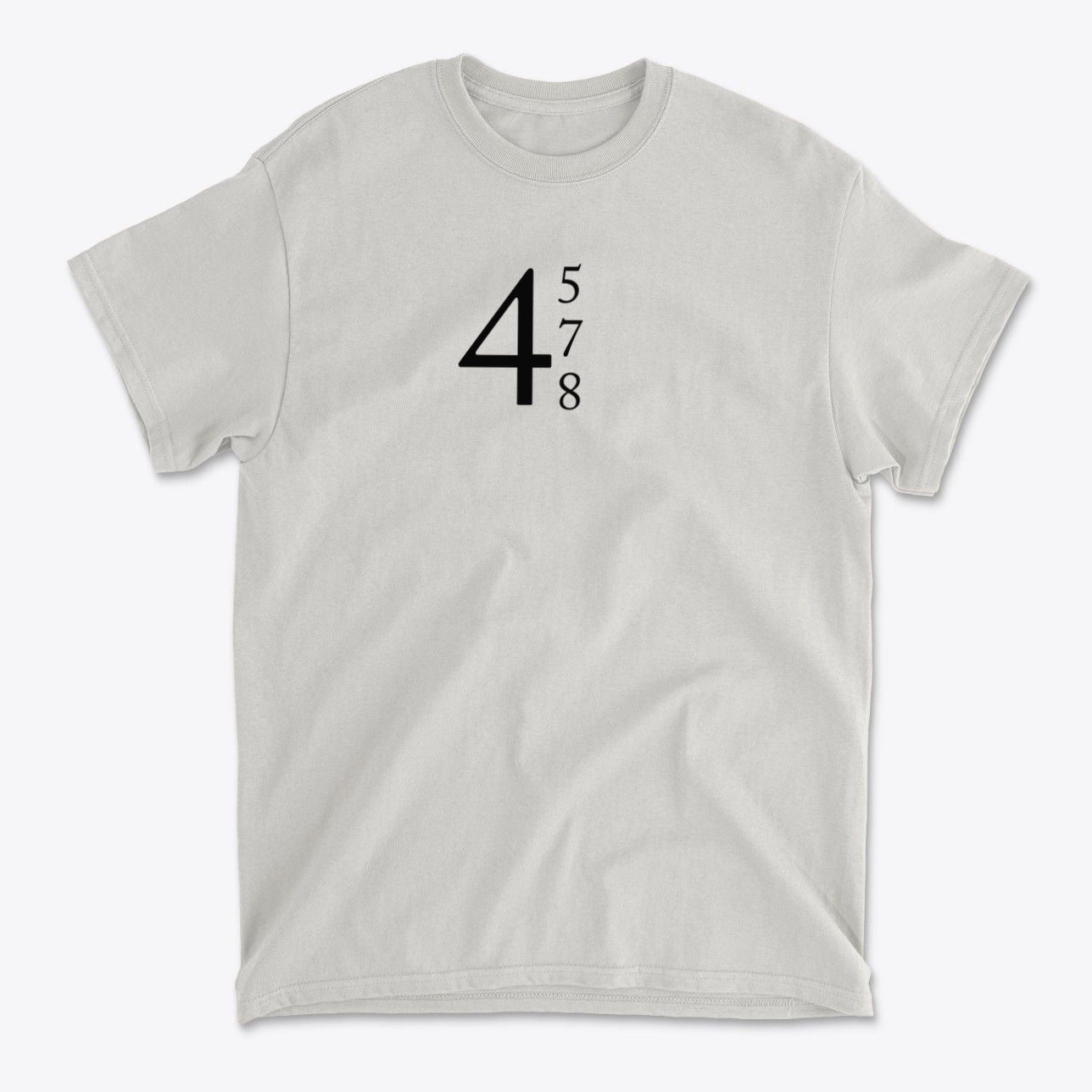 45 47 48 Red Letters Design Gear graphic tee showcasing minimalist design with numbers 4, 5, 7, 8.