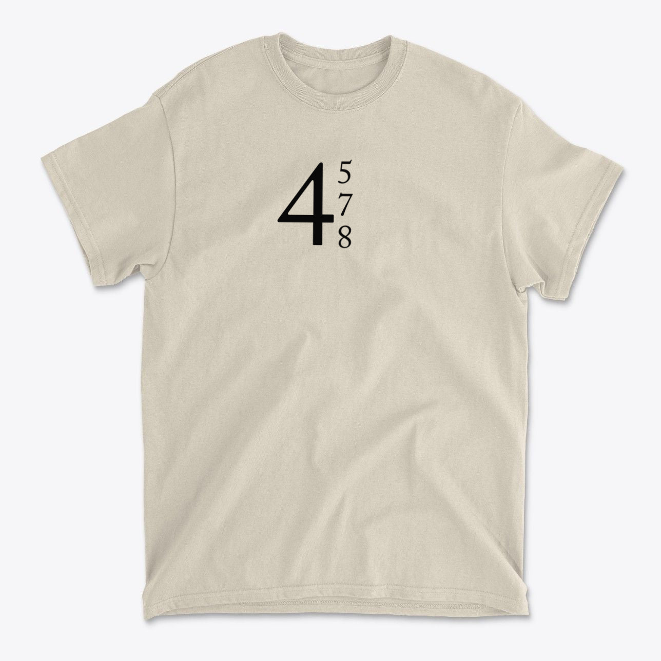 45 47 48 Red Letters Design Gear graphic tee featuring bold numbers on a light background.
