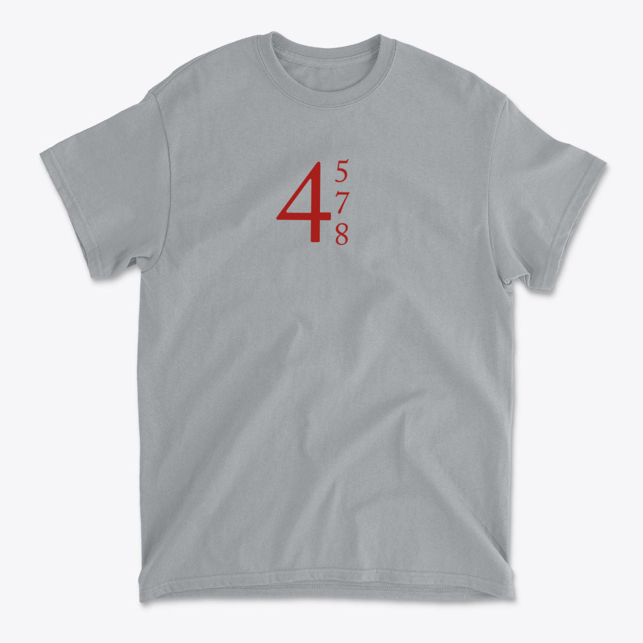 45 47 48 Red Letters Custom Print graphic tee featuring bold red numbers on a gray background.