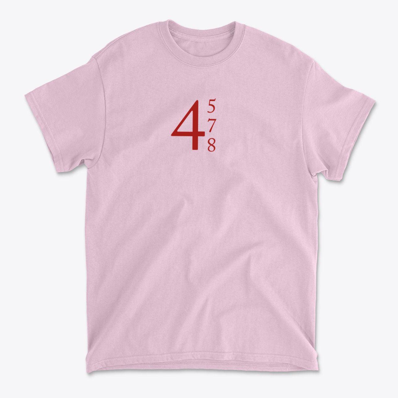 45 47 48 Red Letters Custom Print graphic tee in pink with bold red letters design.