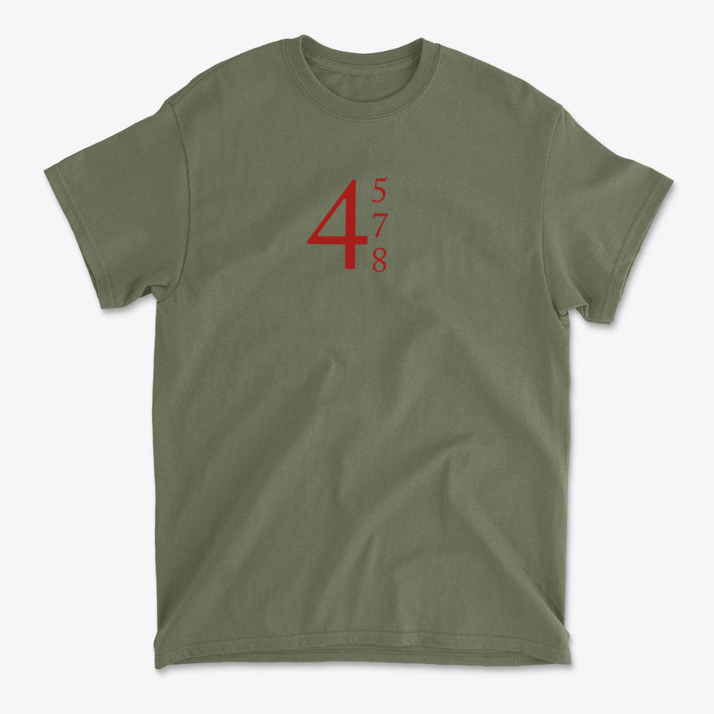 45 47 48 Red Letters Custom Print graphic tee in olive green with bold red lettering.