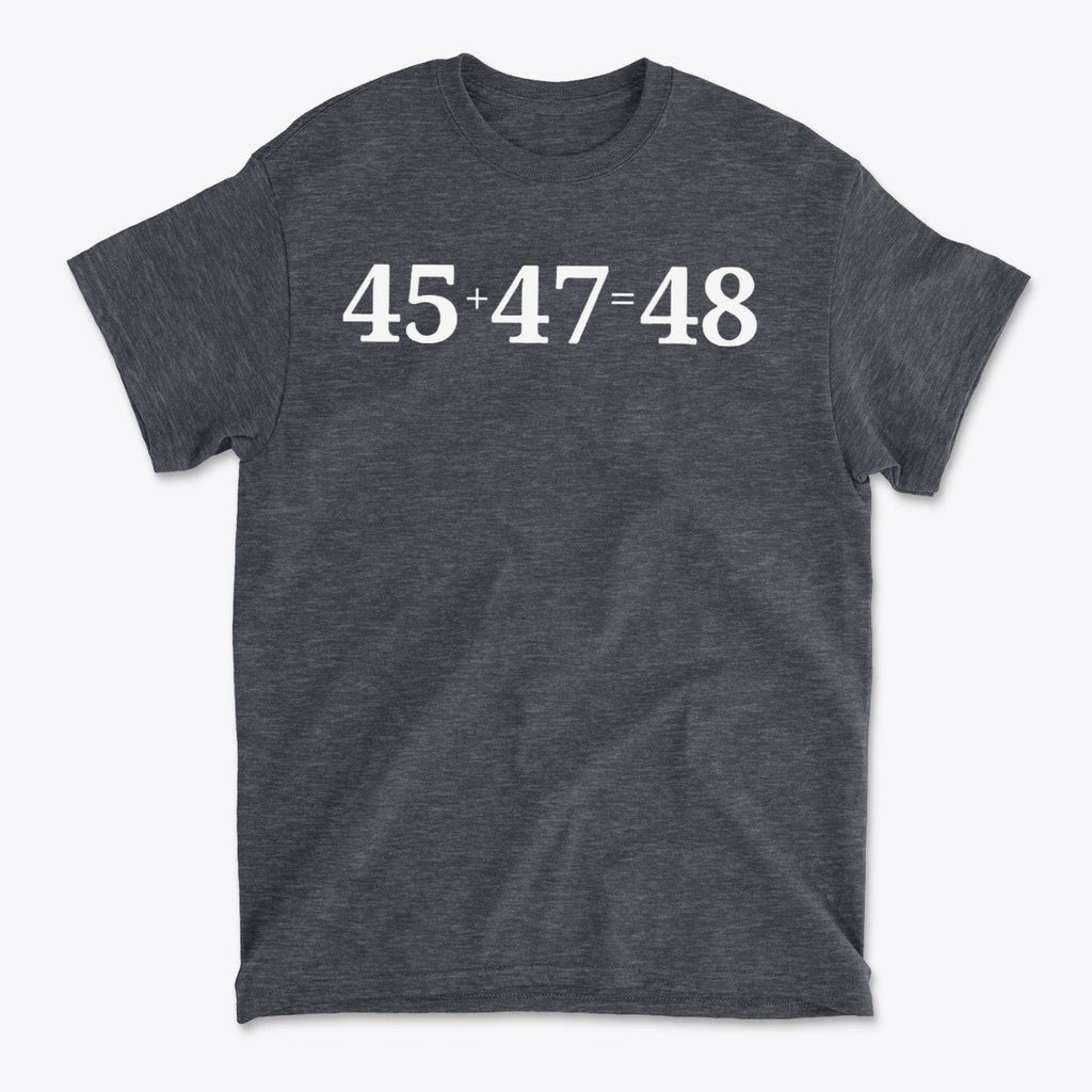 45 47 Equals 48 Red Letter Style graphic tee displaying bold numbers on a casual shirt.