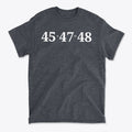 45 47 Equals 48 Red Letter Style graphic tee displaying bold numbers on a casual shirt.