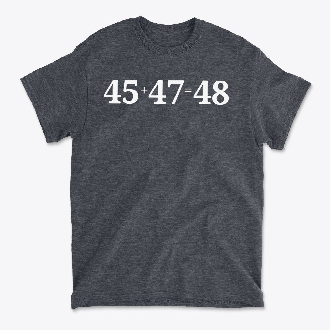 45 47 Equals 48 Red Letter Style graphic tee displaying bold numbers on a casual shirt.