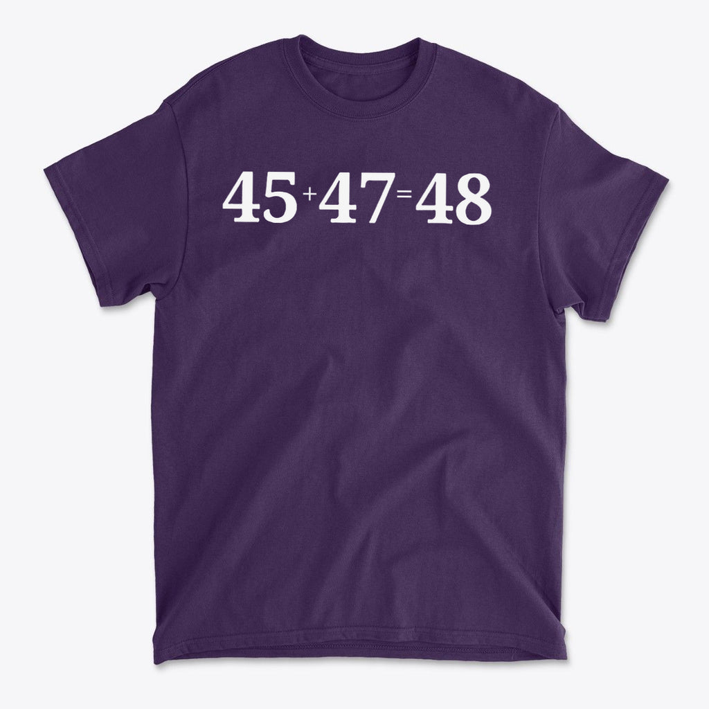 45 47 Equals 48 Red Letter Style graphic tee in purple color featuring a bold numeric design.