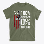 100 Percent American 0 Liberal graphic tee featuring an illustration of a rifle and American flag design.