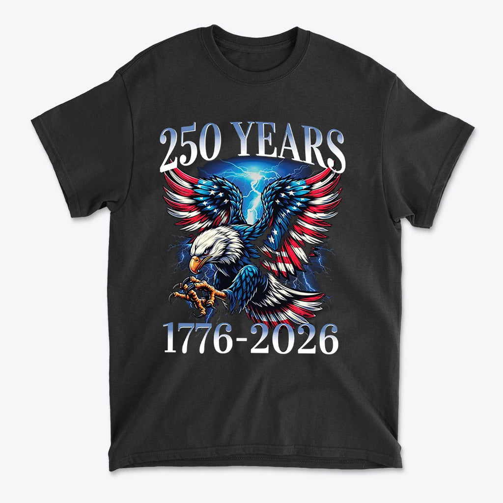 250 Years 1776 2026 Graphic Tee featuring a bold eagle design and patriotic colors.