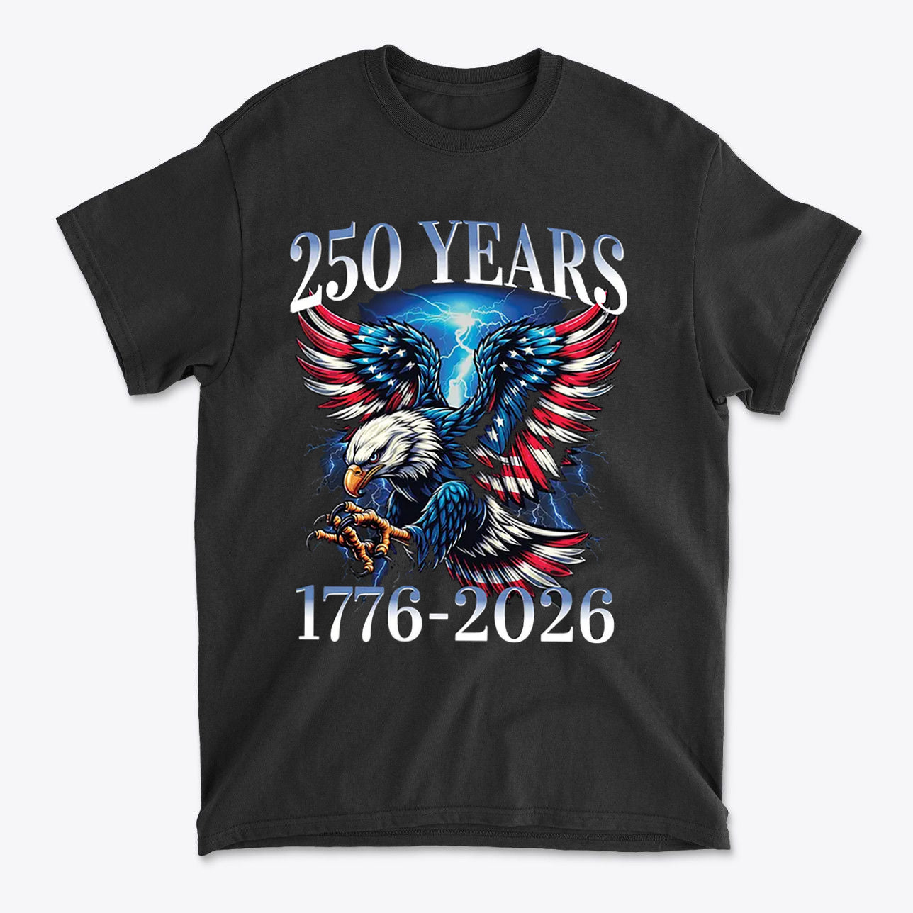 250 Years 1776 2026 Graphic Tee featuring a bold eagle design and patriotic colors.