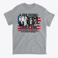 Charlie Kirk A True Patriot Print featuring patriotic designs and inspiring quotes on a gray t-shirt.