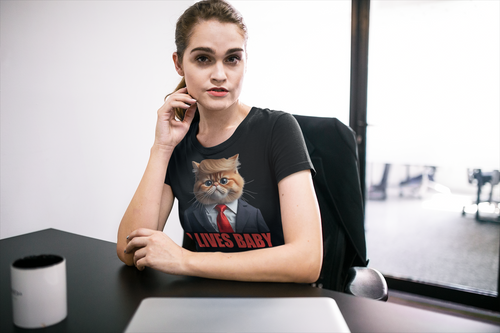 Model wearing a 9 Lives Baby Cute Cat Graphic Casual T-Shirt Design with a cat in a suit graphic.