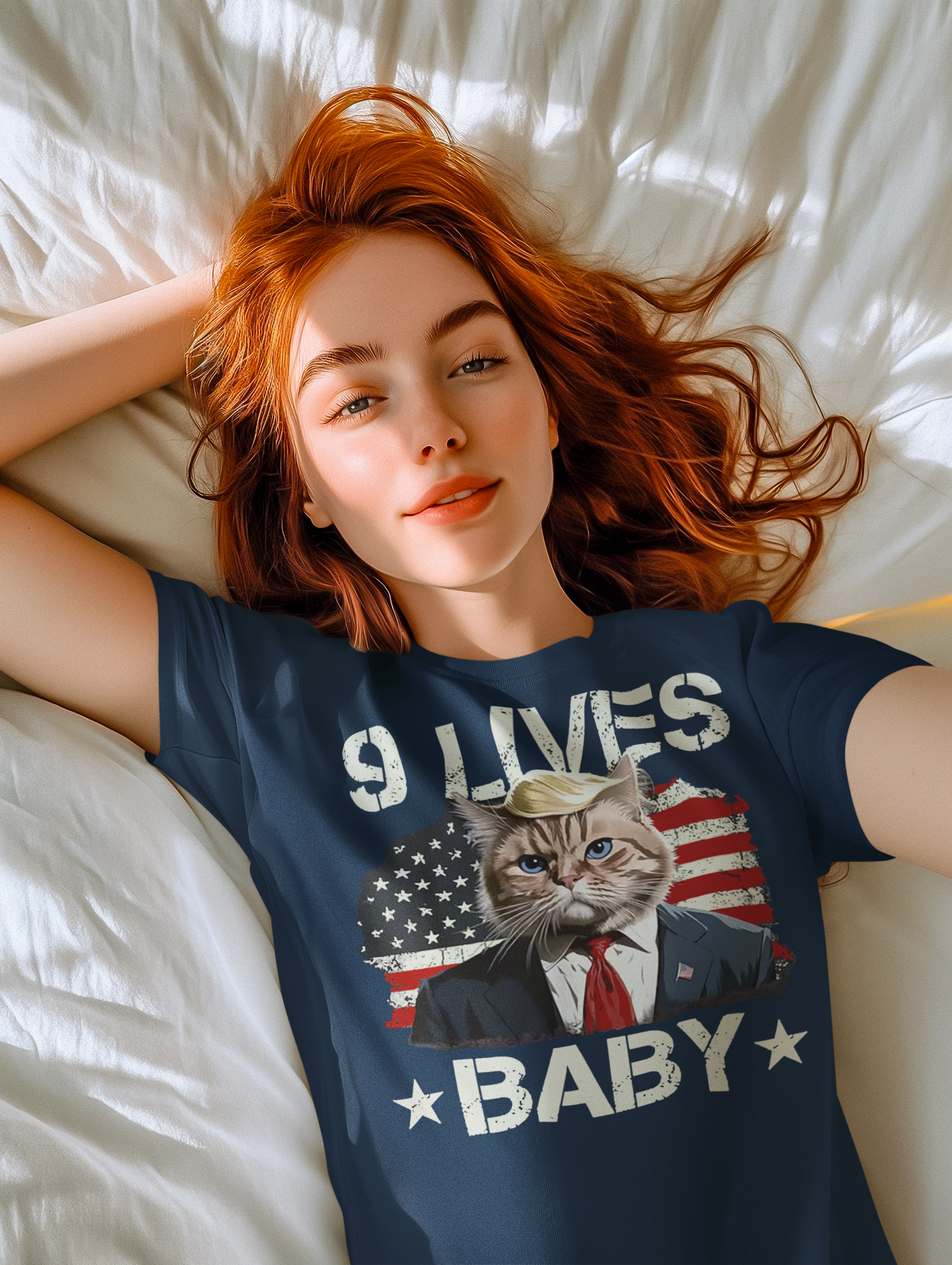 A woman wearing a Nine Lives Baby Flag Art Style graphic tee featuring a cat in a suit with US flag background.