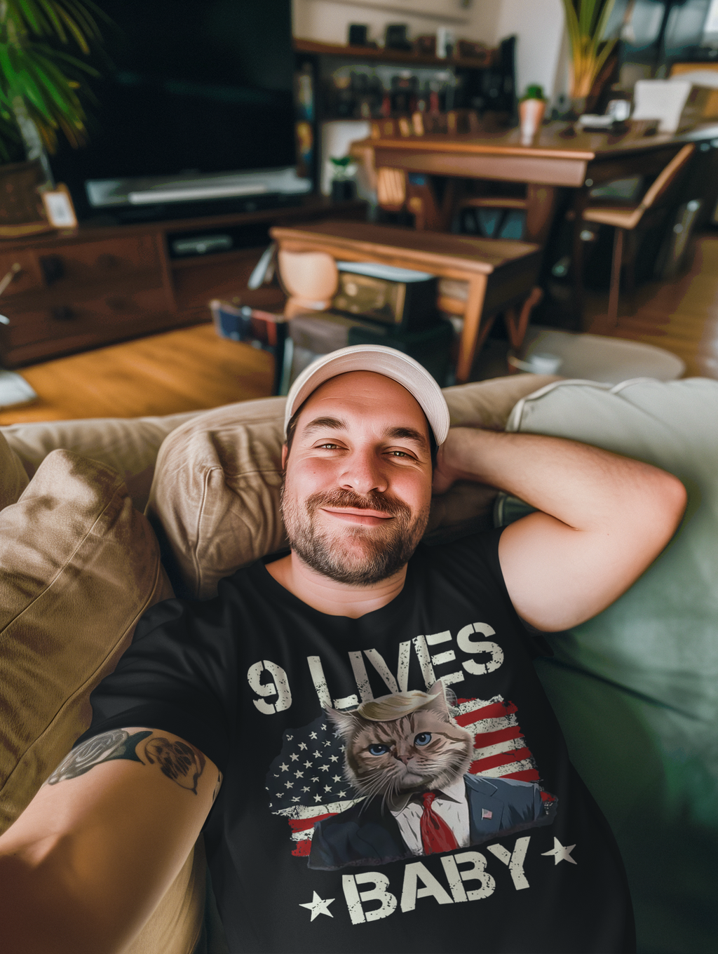 Man wearing Nine Lives Baby Flag Art Style graphic tee while relaxing on a couch in a cozy living room.