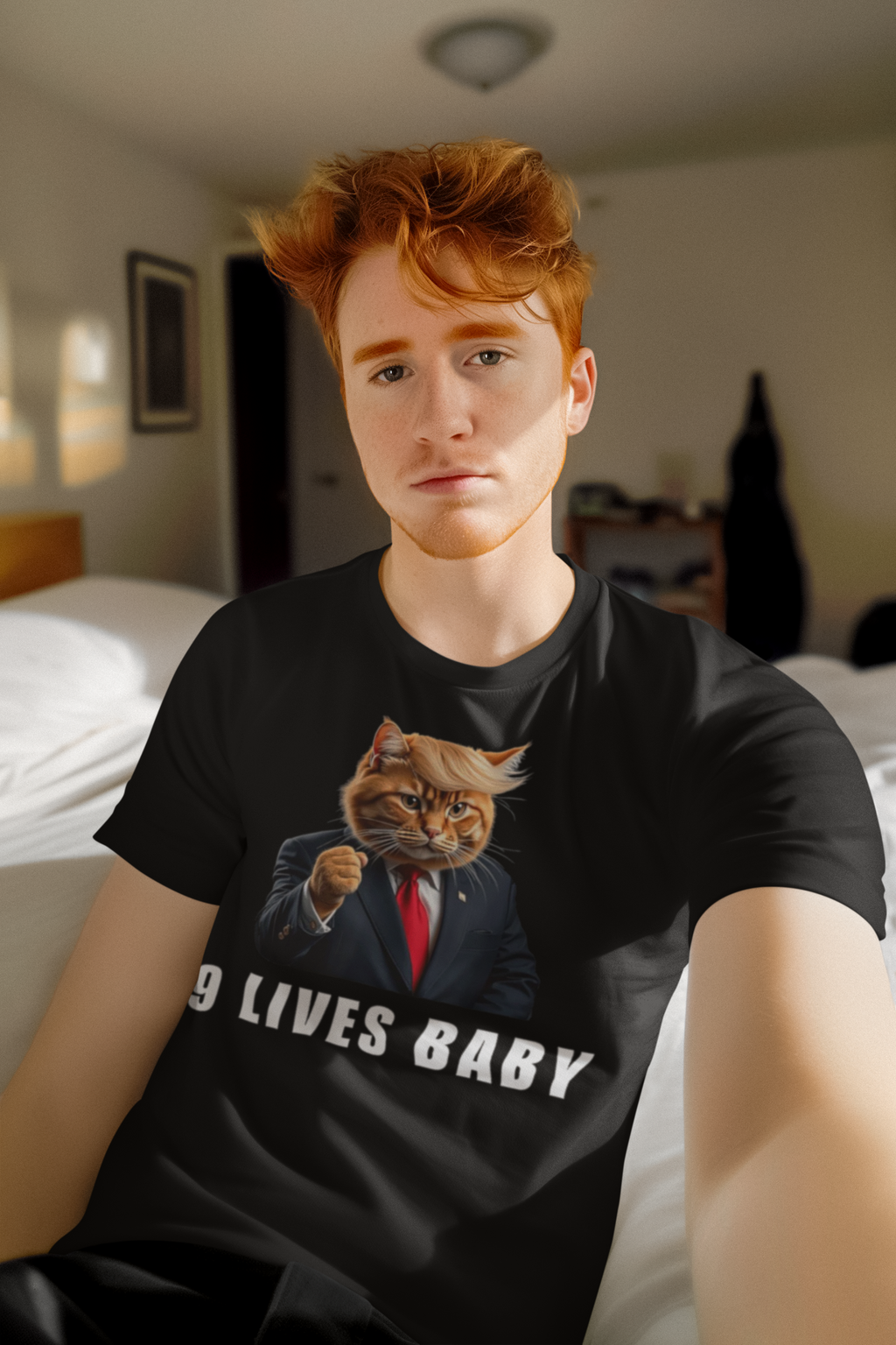 Person wearing a black t-shirt featuring Nine Lives Baby Fist Art Style graphic in a bright room.
