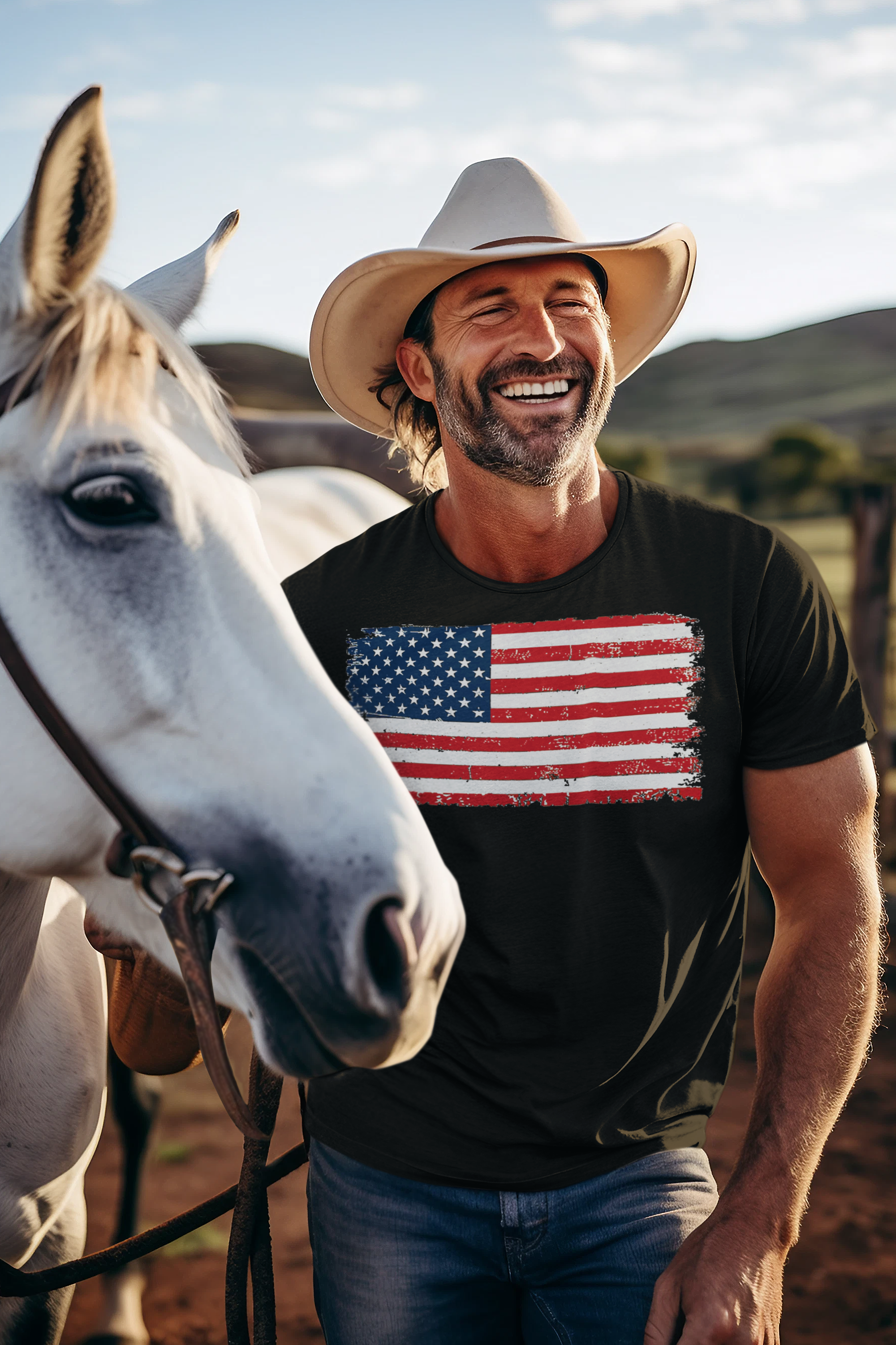 Smiling man in cowboy hat wearing a Distressed American Flag Gear Tee next to a horse in a countryside setting.