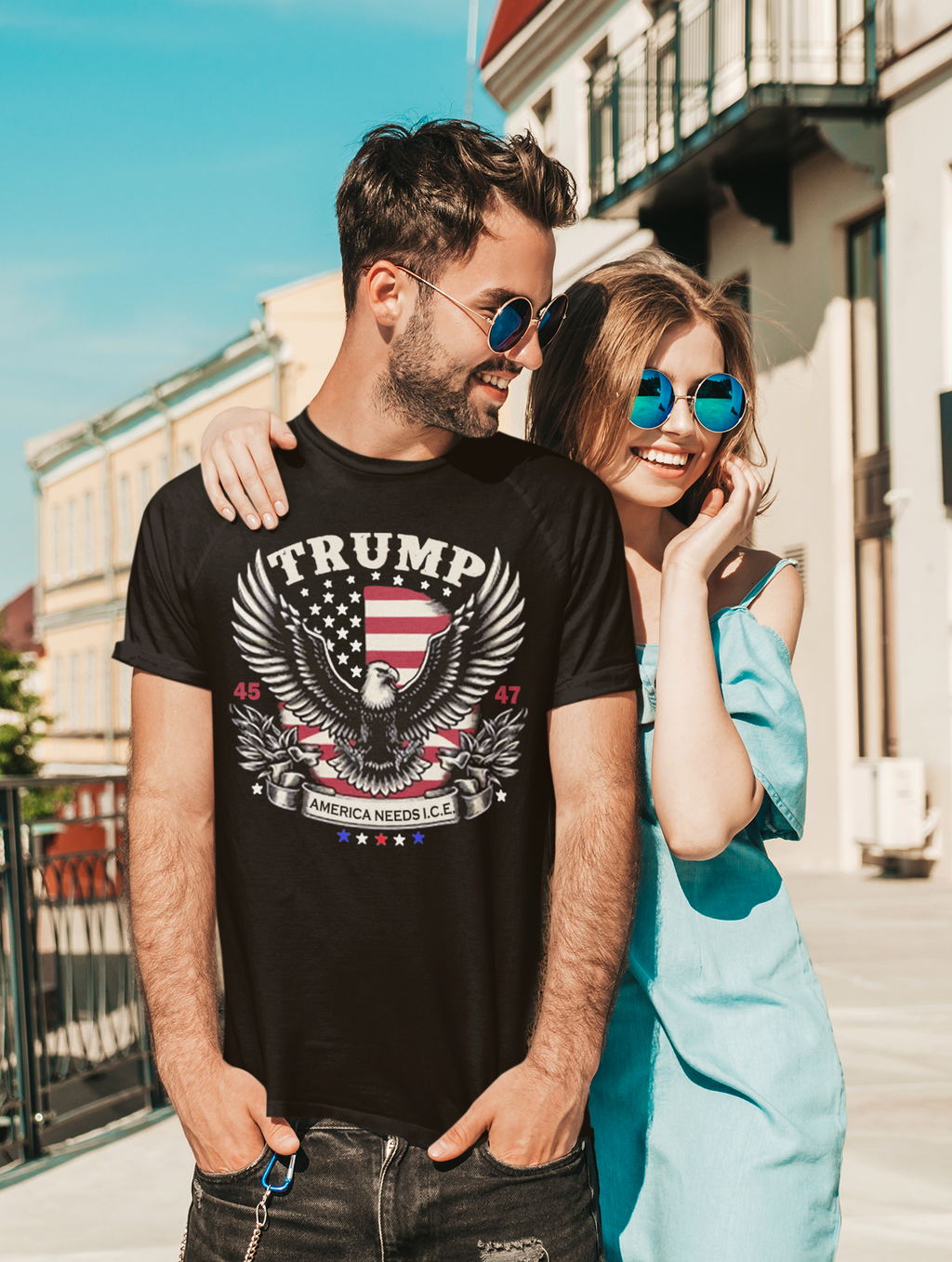 Man and woman wearing graphic tee featuring 'Why America Needs ICE For Order' design, promoting patriotic message.