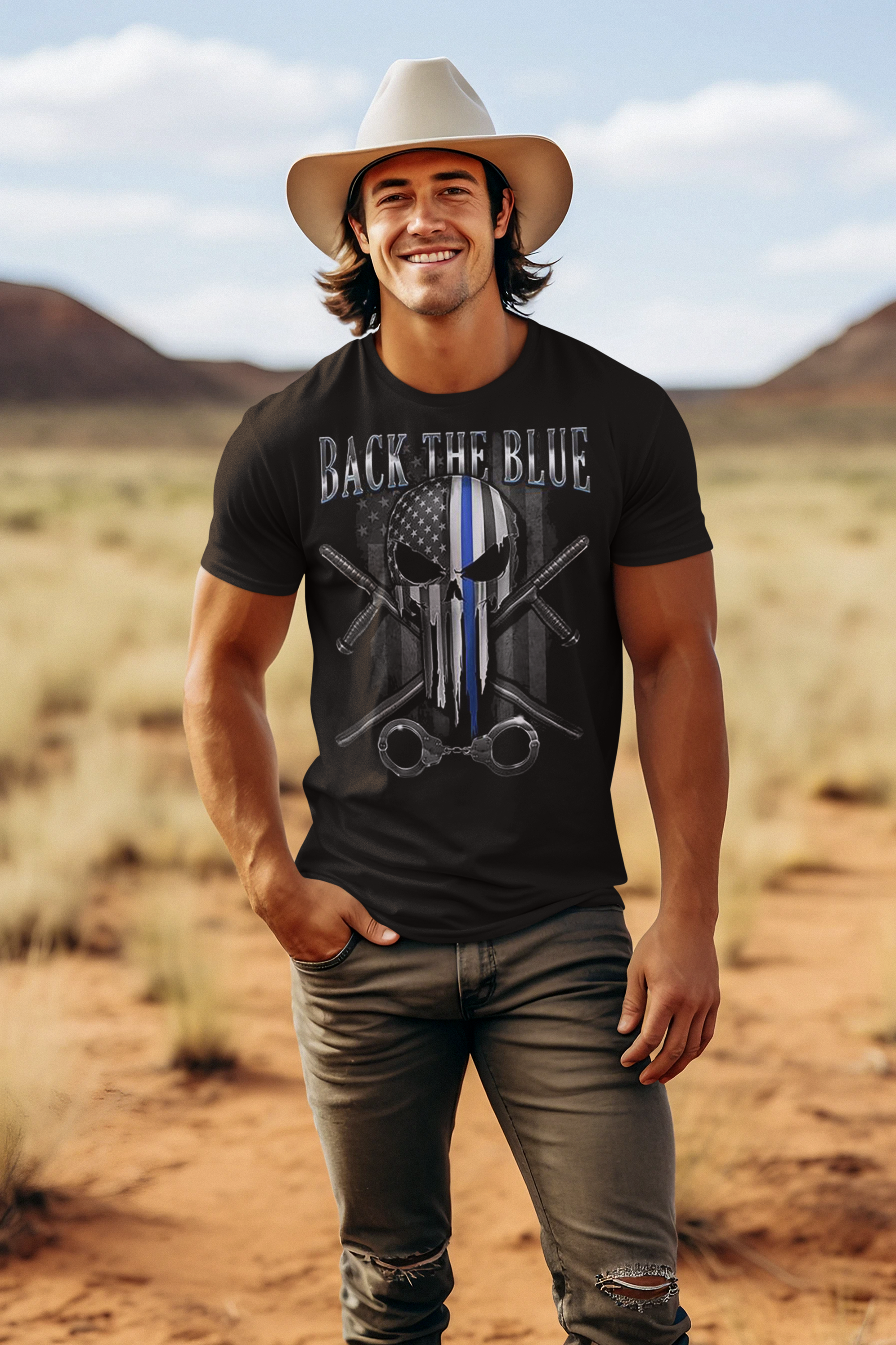 Man wearing Back The Blue Punisher Thin Blue Line Support Shirt outdoors