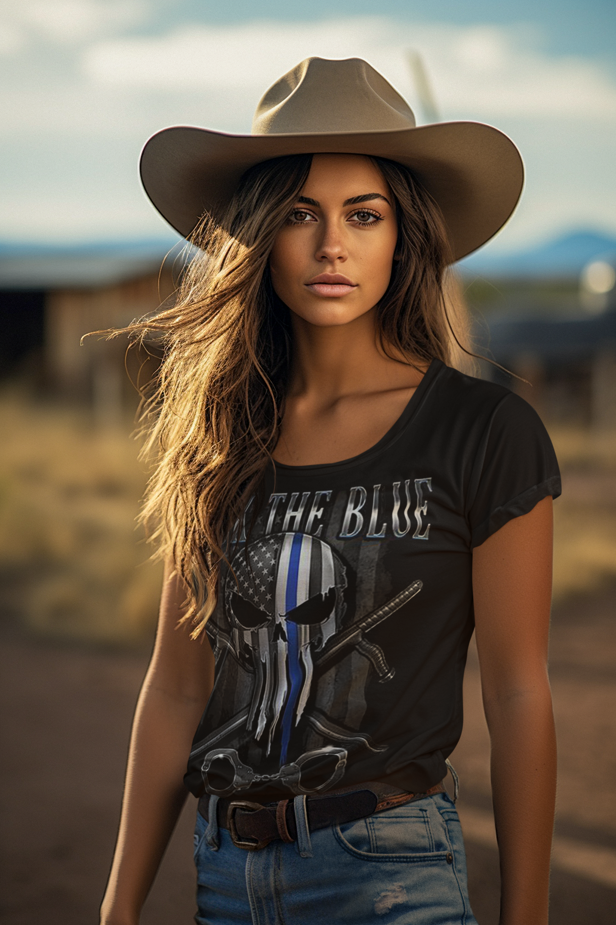 Woman wearing Back The Blue Punisher Thin Blue Line Support Shirt with hat standing outdoors