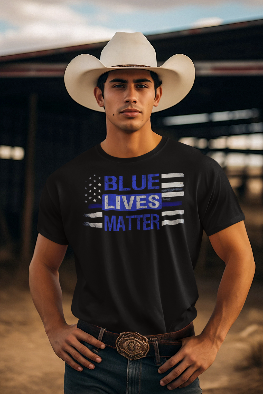 Man wearing Blue Lives Matter American Flag Patriotic Graphic Tee with cowboy hat