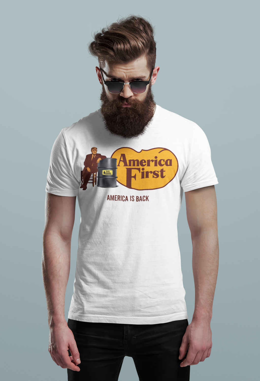 Man wearing Cracker Barrel America First Print t-shirt with sunglasses, showcasing patriotic style.