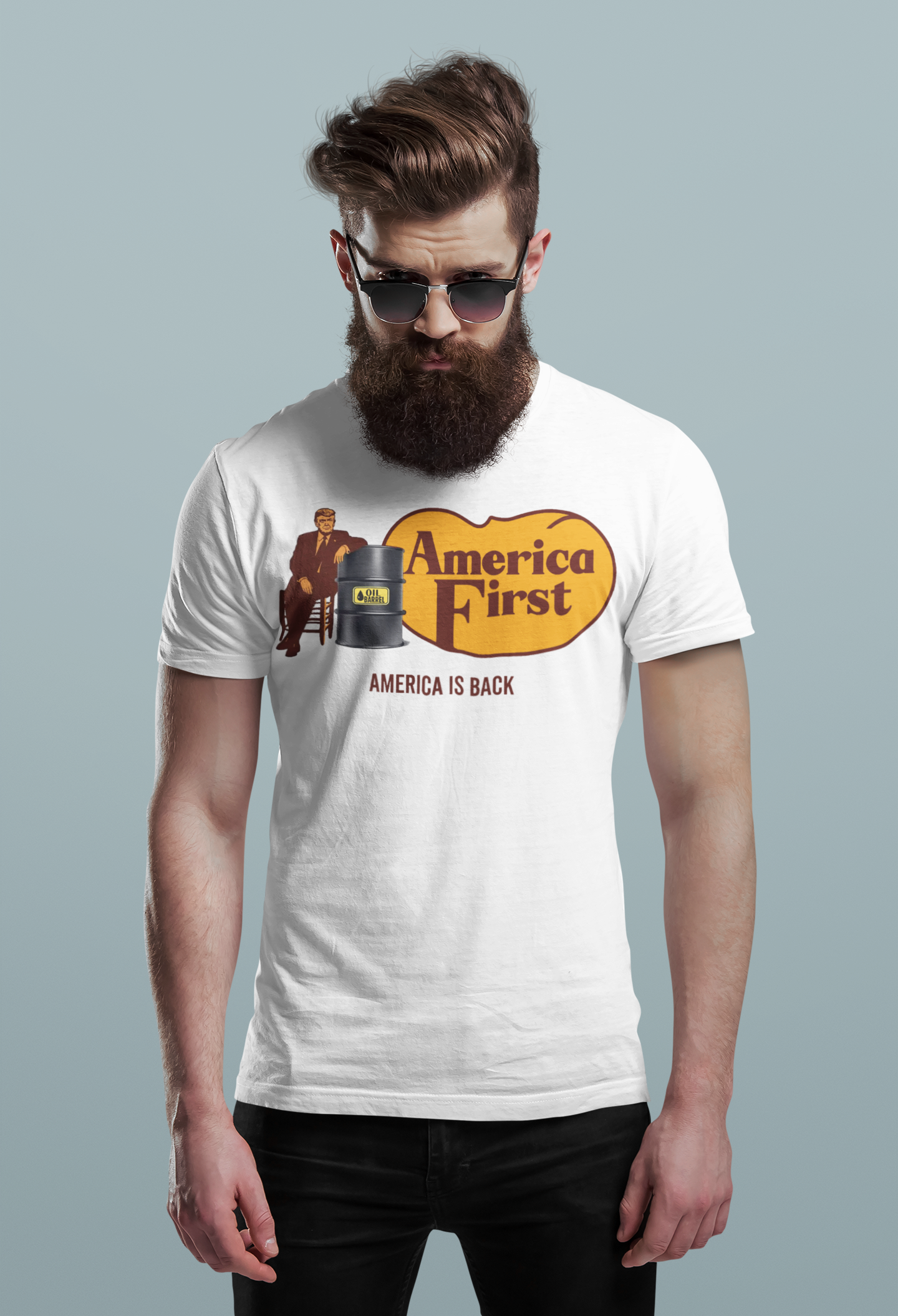 Man wearing Cracker Barrel America First Print t-shirt with sunglasses, showcasing patriotic style.