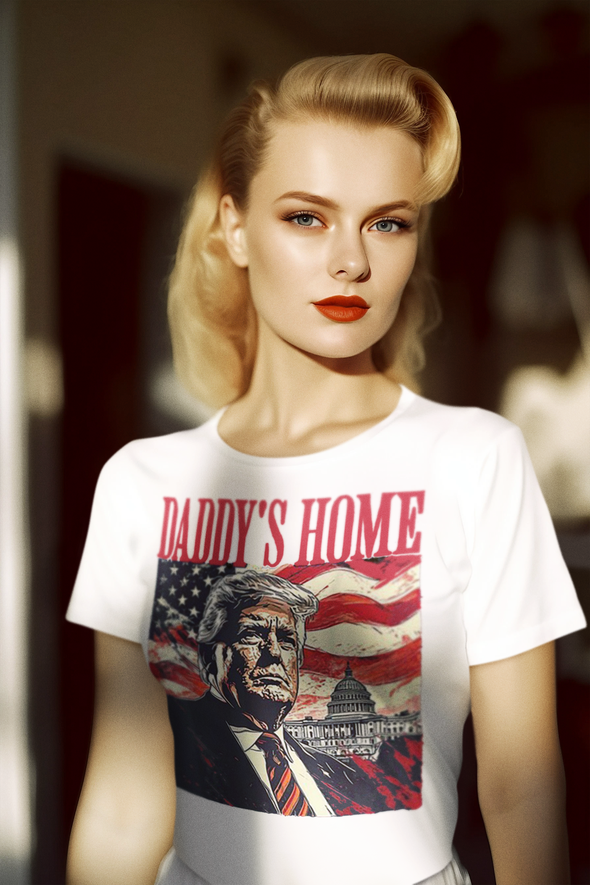 Daddy's Home Trump With American Flag and Capitol graphic t-shirt worn by a woman with vintage hairstyle and red lips.