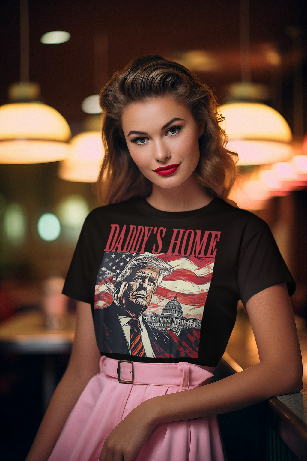 Model wearing Daddy's Home Trump With American Flag and Capitol graphic T-shirt in a stylish setting.