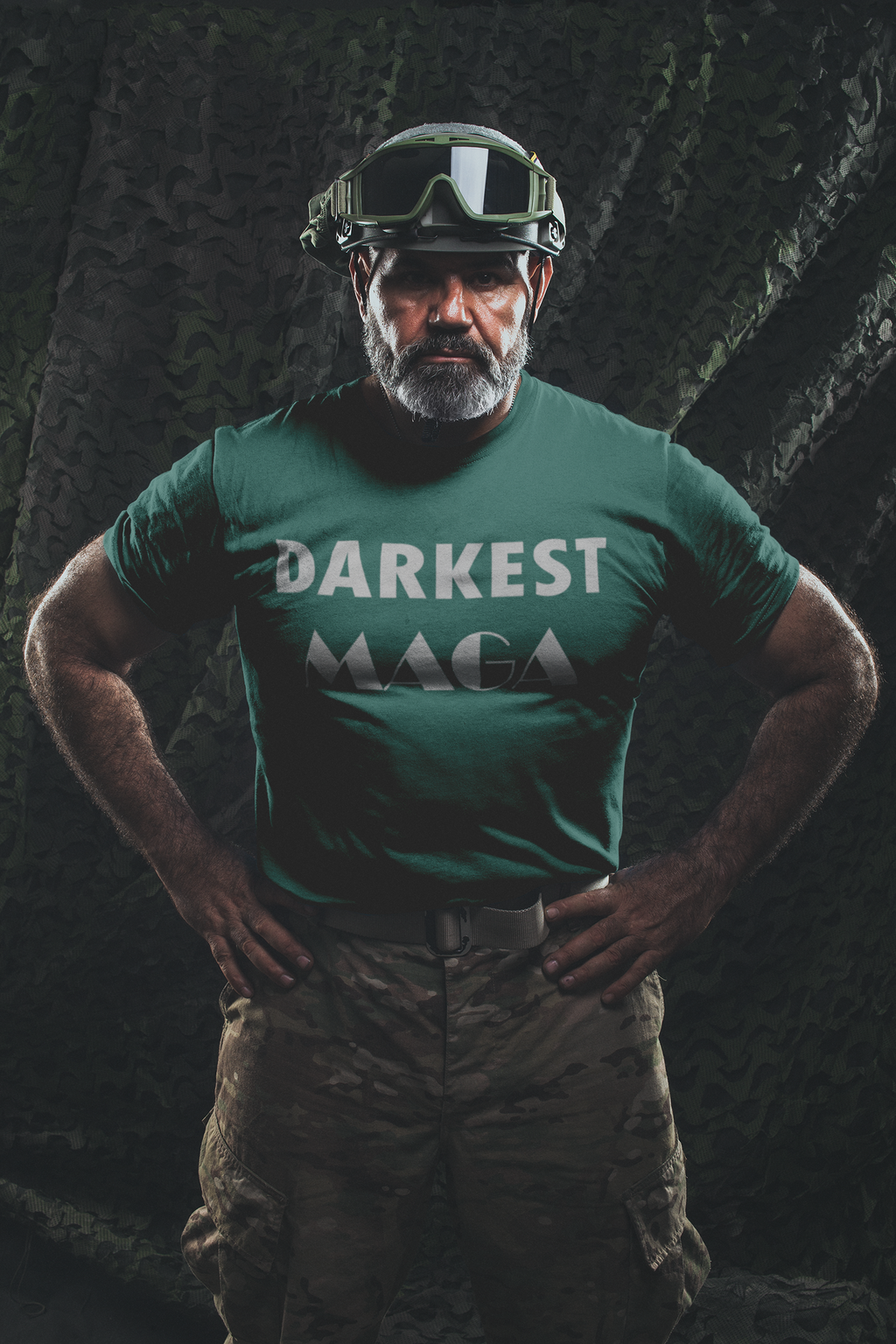 A man wearing the Darkest MAGA Graphic Design Tee stands confidently, embodying patriotism and strong personal values.