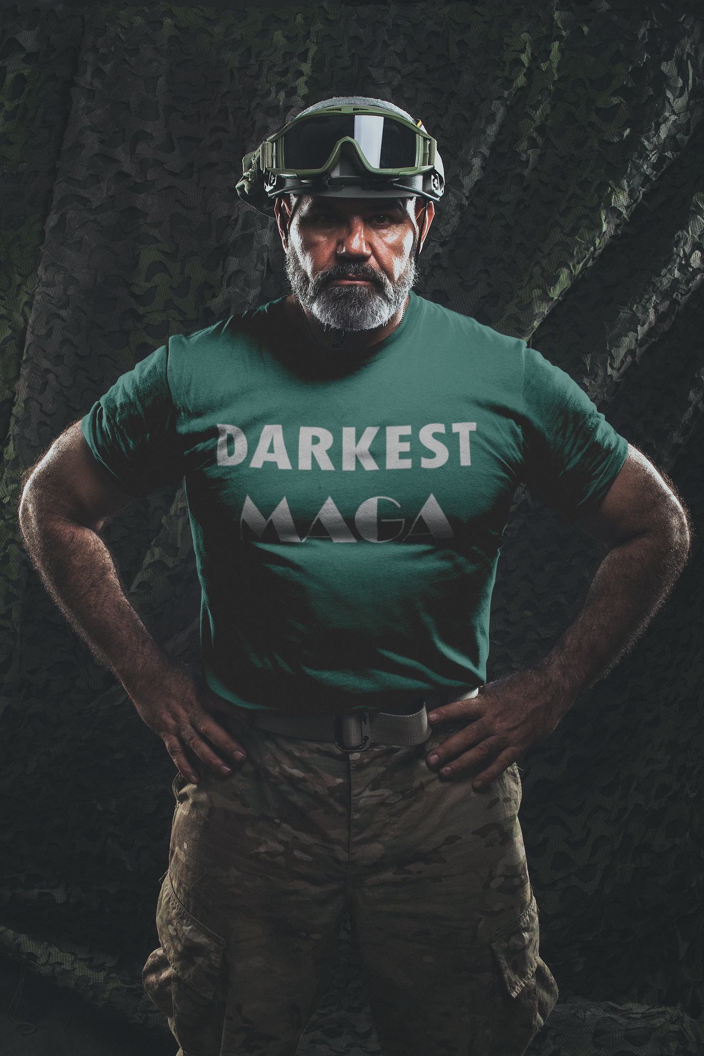 A man wearing the Darkest MAGA Graphic Design Tee stands confidently, embodying patriotism and strong personal values.