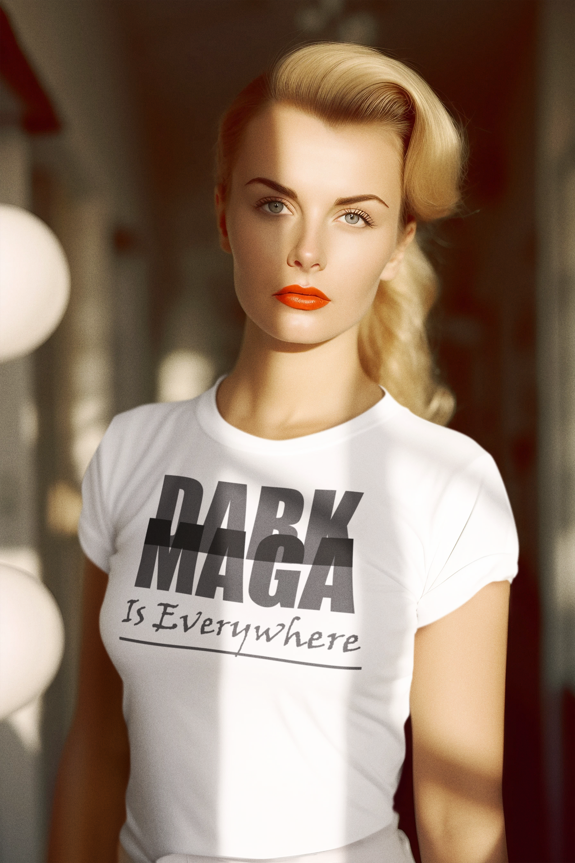 Model wearing Dark MAGA Is Everywhere Apparel, showcasing bold fashion with a powerful message.