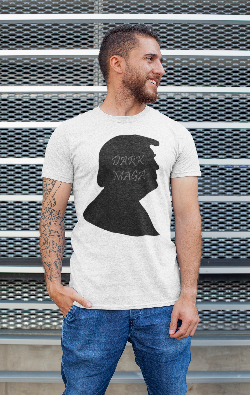 Model wearing the Dark MAGA Trump Silhouette Tee, showcasing patriotism and personal expression.