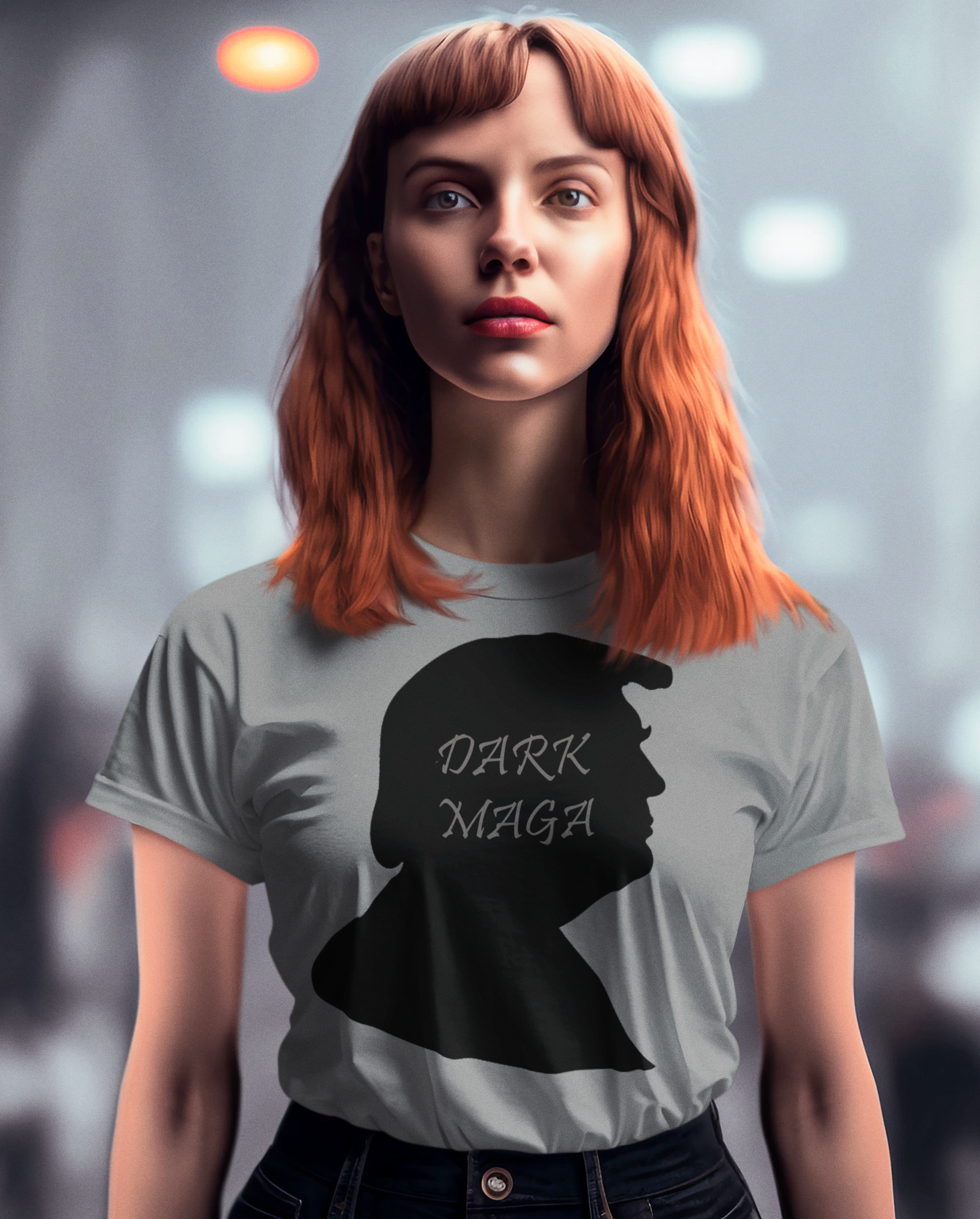 Model wearing Dark MAGA Trump Silhouette Tee featuring a silhouette design.