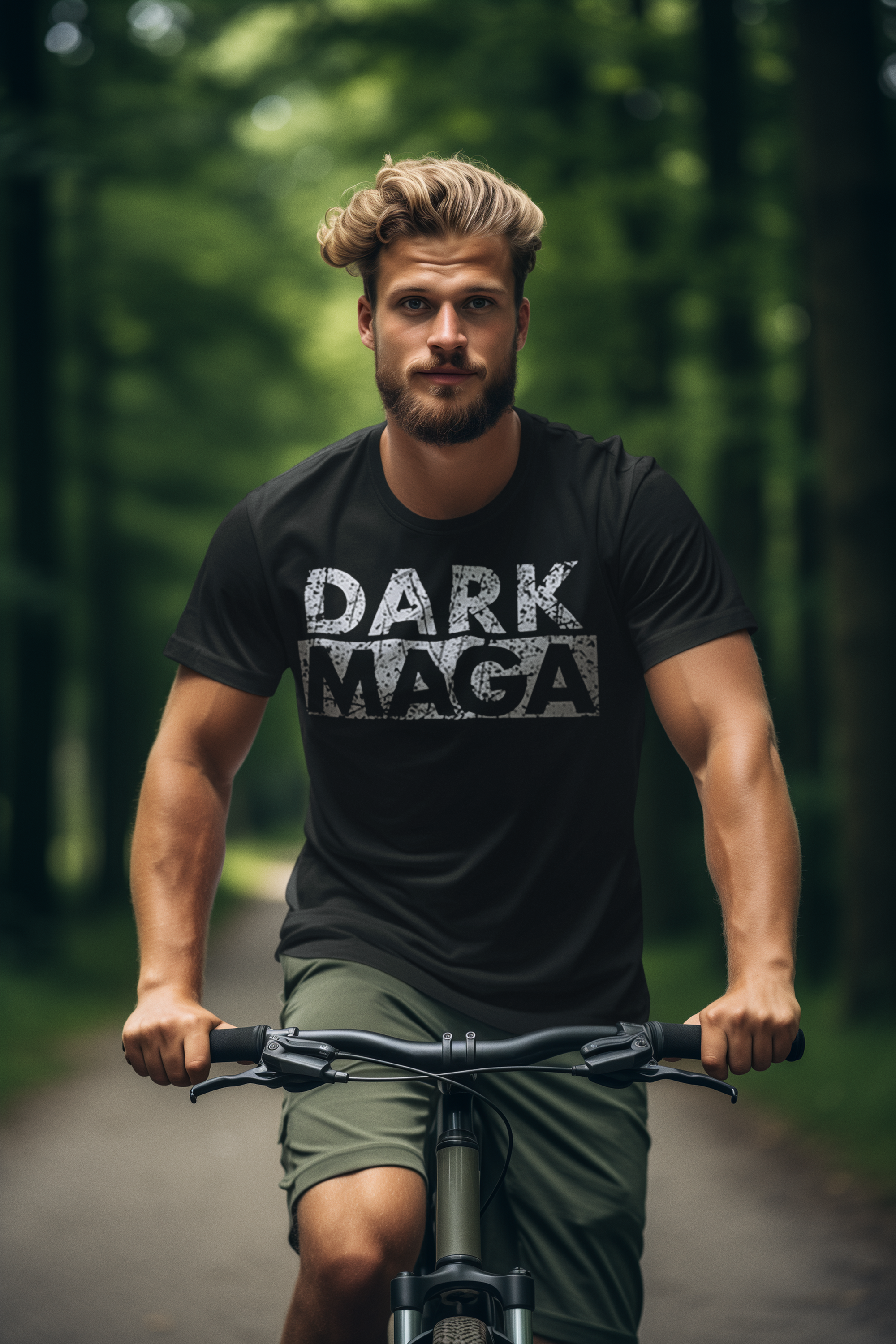 A man wearing a Dark MAGA Aesthetic Design Gear shirt while biking through a lush green path.