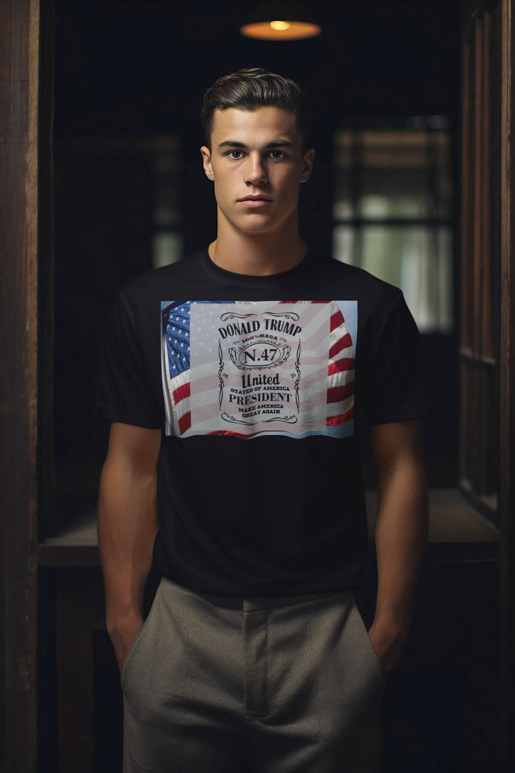 Young man wearing a black t-shirt featuring the Donald Trump Number 47 Graphic with American flags.