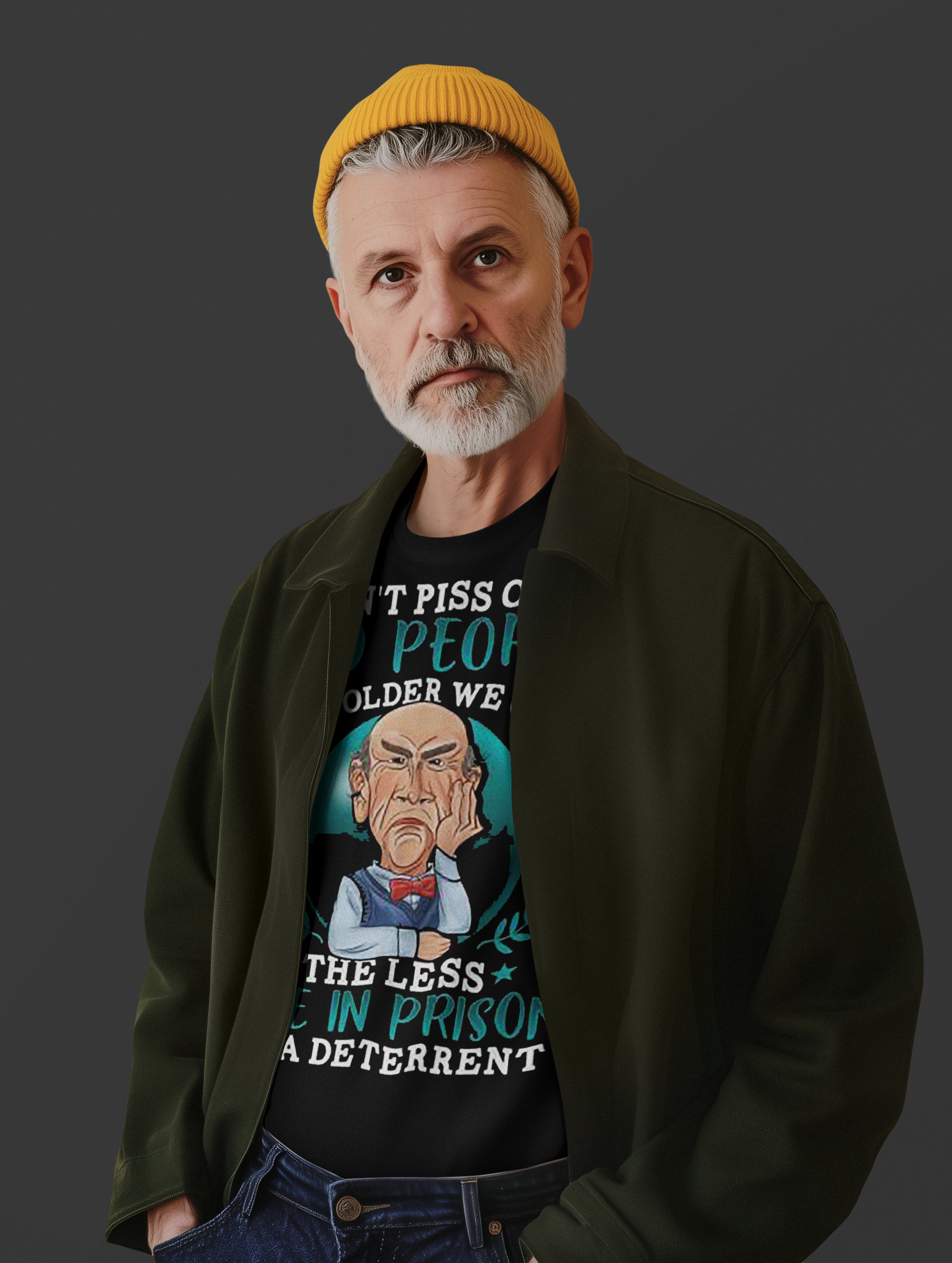 Man wearing Don't Piss Off Old People Funny Tee with a beanie, showcasing humorous statement fashion.