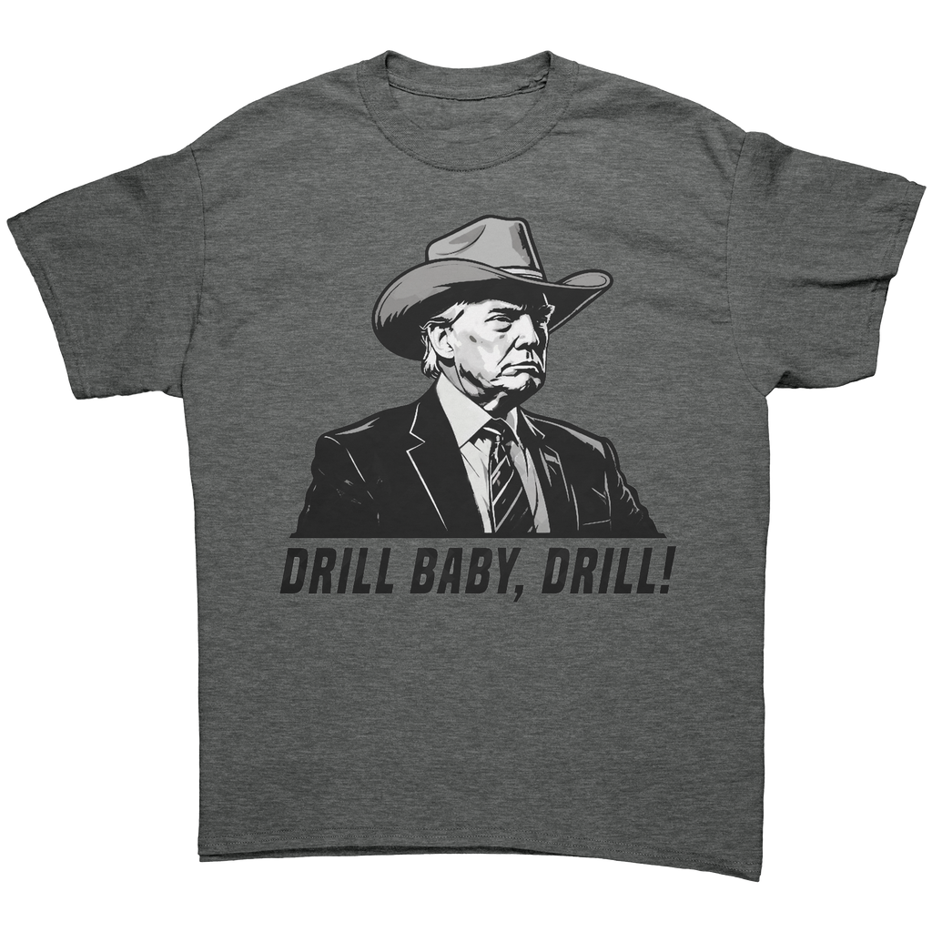 Drill Baby Drill Bold Graphic Tee featuring a cowboy hat and bold text design.
