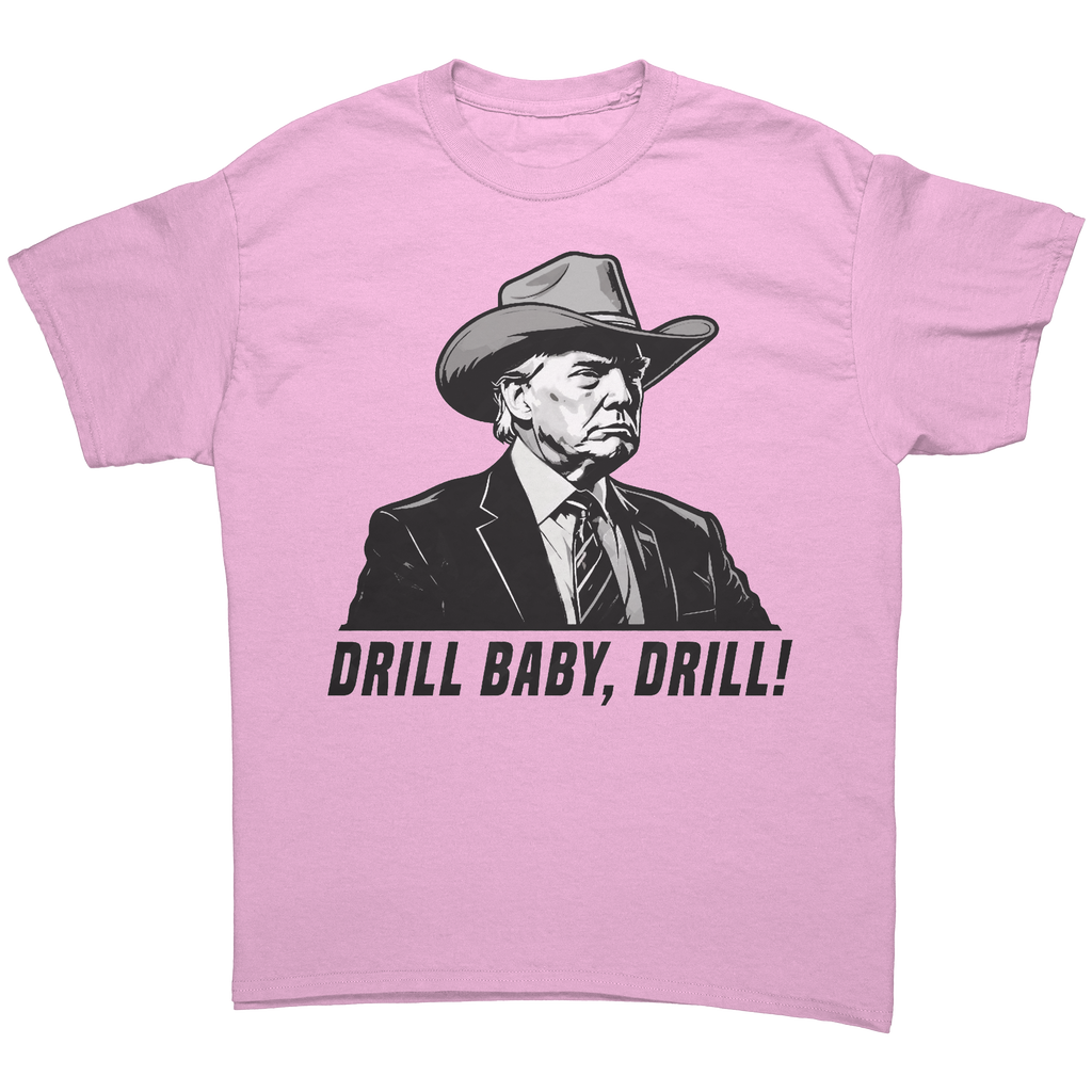 Drill Baby Drill Bold Graphic Tee featuring a cowboy hat design and bold text.