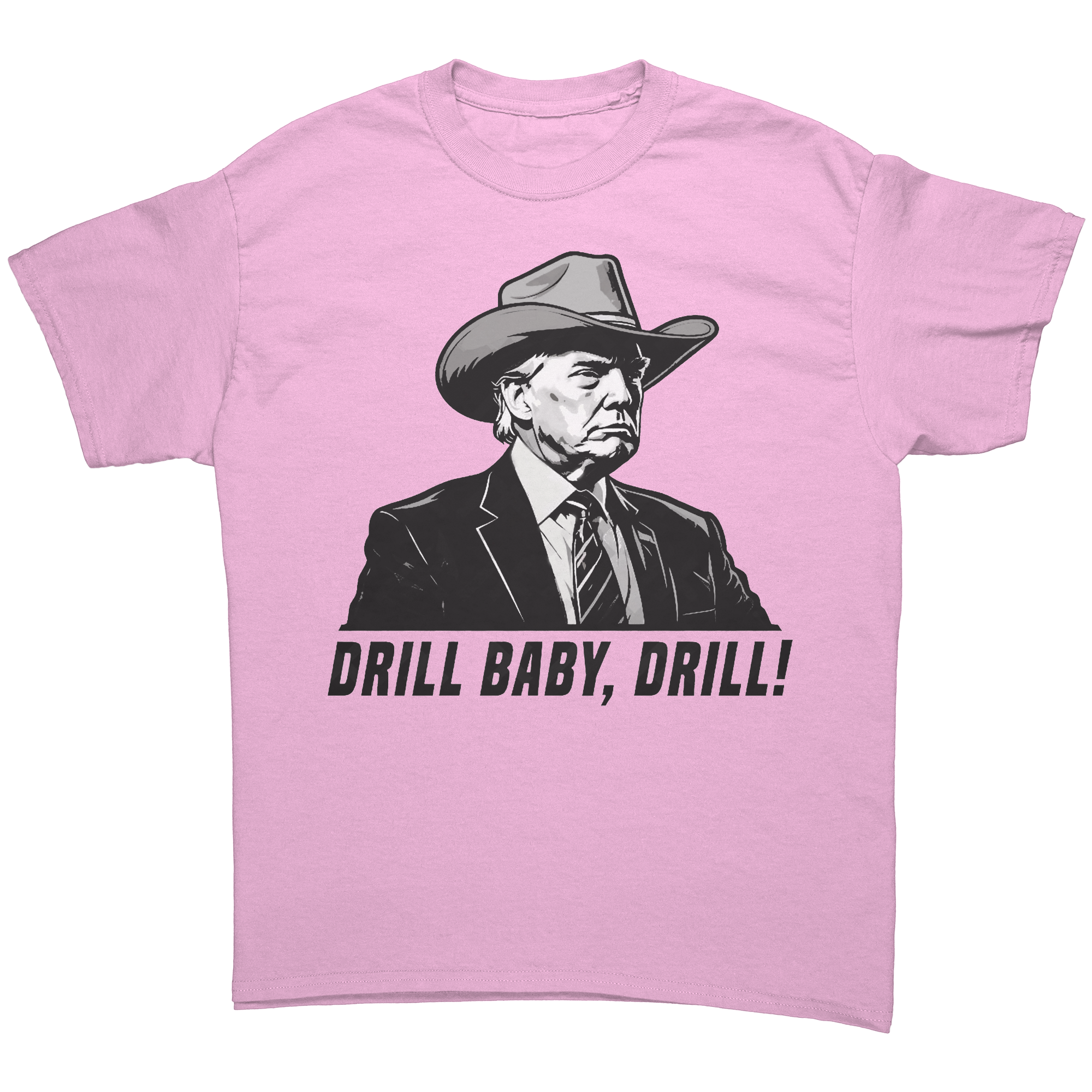 Drill Baby Drill Bold Graphic Tee featuring a cowboy hat design and bold text.
