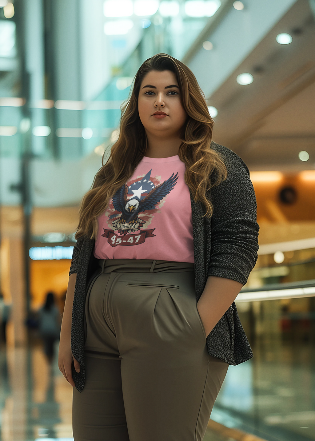 Woman wearing Eagle America 45 47 Iconic Style t-shirt, showcasing patriotic values in a modern setting.