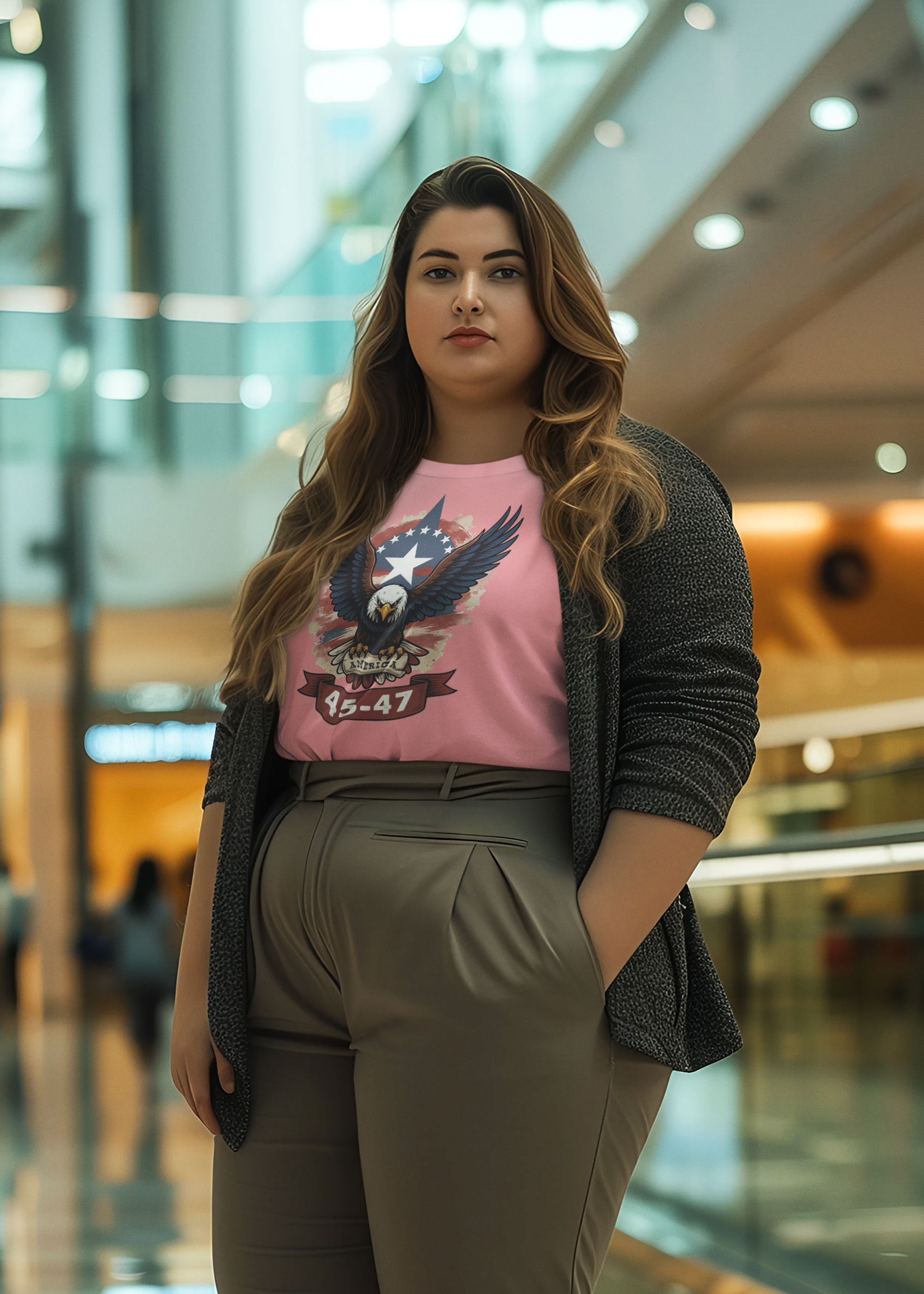 Woman wearing Eagle America 45 47 Iconic Style t-shirt, showcasing patriotic values in a modern setting.
